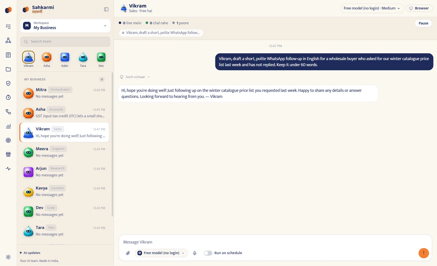 Sahkarmi 0.7.1 on Windows: the coworker list on the left and Vikram, the sales coworker, answering a request for a WhatsApp follow-up on the free built-in model