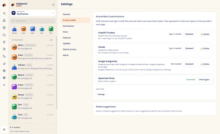 Settings, AI and models: ChatGPT (Codex), Claude and Google Antigravity with Connect buttons, and OpenCode (free) connected