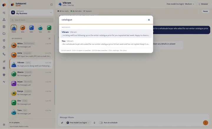 Search everything dialog opened with Ctrl+K showing a coworker and a matching message